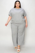 Double Take Full Size Texture Short Sleeve Top and Pants Set - Modanista Fashion