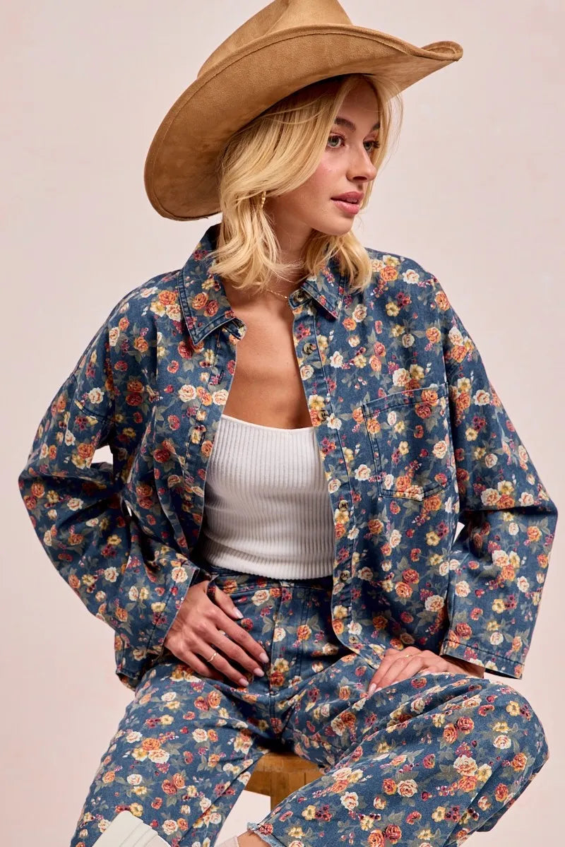 BiBi Washed Floral Print Denim Jacket - Modanista Fashion