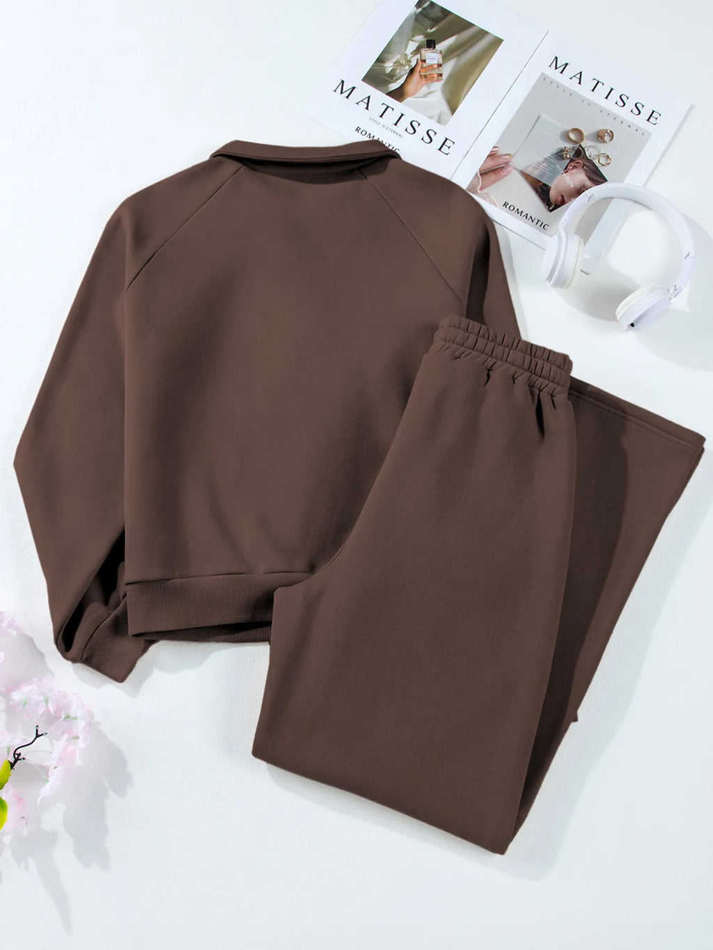 Collared Sweatshirt and High Waist Pants Active Set - Modanista Fashion
