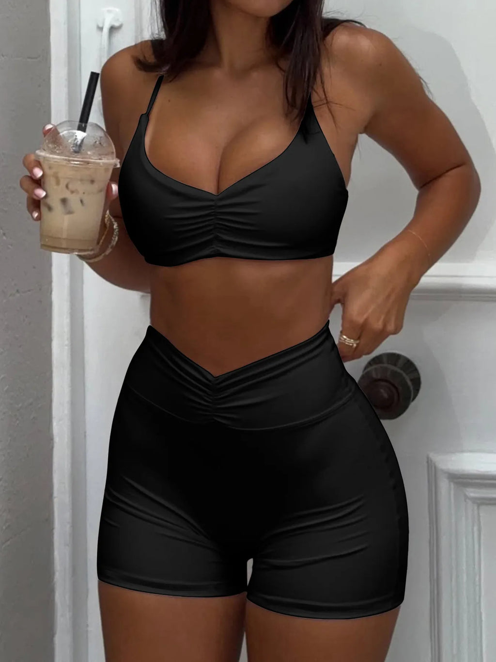 Ruched Sports Bra and High-Waisted Shorts Active Set - Modanista Fashion