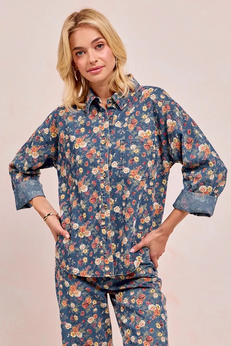 BiBi Washed Floral Print Denim Jacket - Modanista Fashion