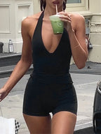 Deep V-Neck Halter and Shorts Active Set - Modanista Fashion