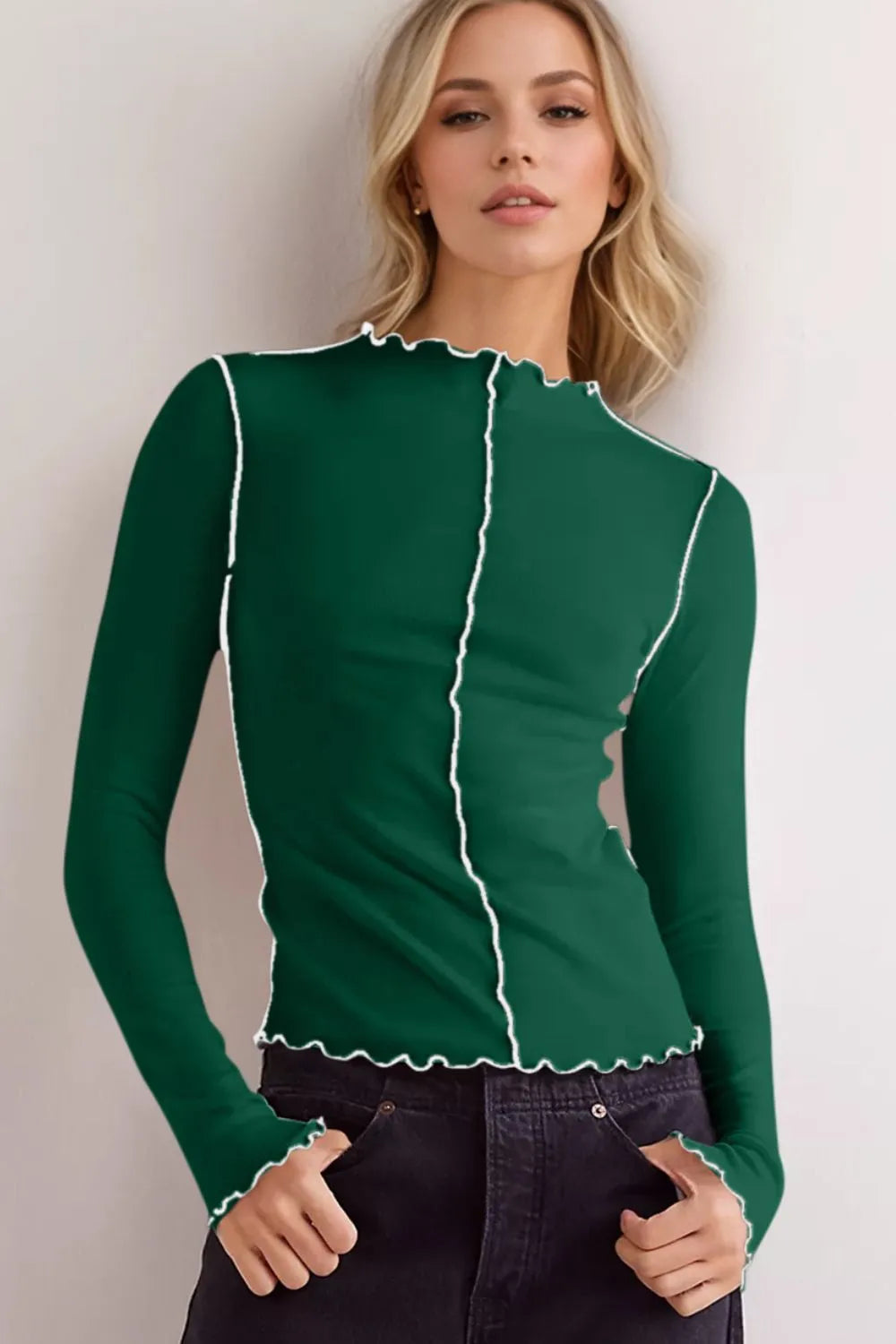 Basic Bae Contrast Trim Mock Neck Long Sleeve T-Shirt - Modanista Fashion