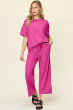 Double Take Full Size Texture Round Neck Short Sleeve T-Shirt and Wide Leg Pants - Modanista Fashion