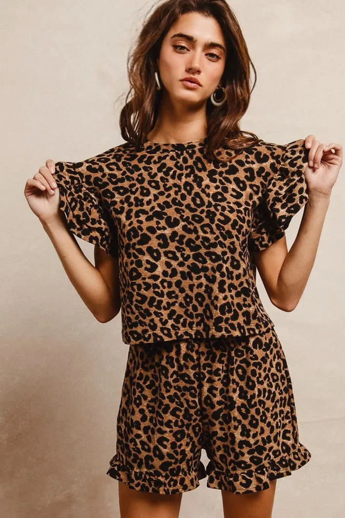 BiBi Leopard Print Waffle Texture Layered Ruffle Sleeve Top and Shorts Set - Modanista Fashion