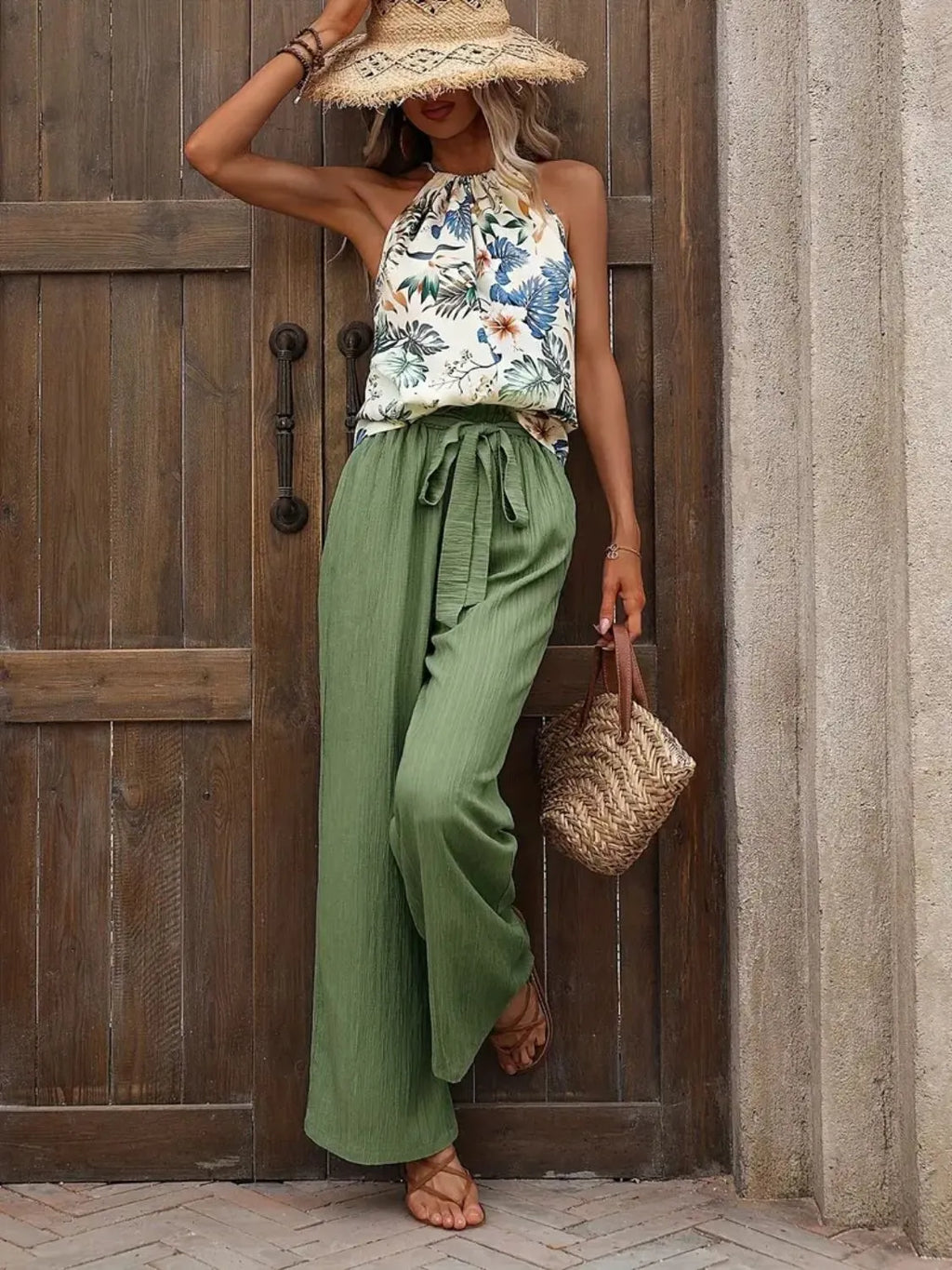 Printed Tank Top and Wide Leg Pants Set - Modanista Fashion