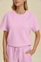 Double Take Full Size Texture Round Neck Short Sleeve Top and Pants Set - Modanista Fashion